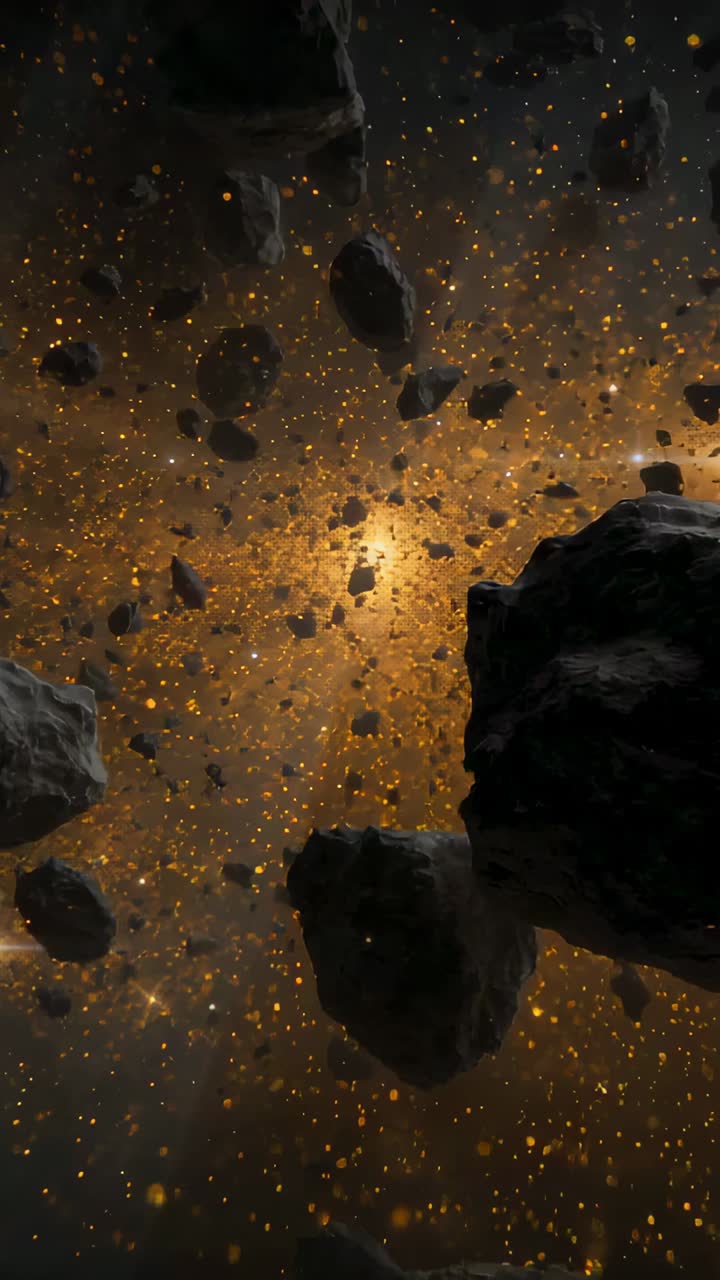 Vertical video: Drifting shot bringing belt past lit core in space, exposing boulders and dust