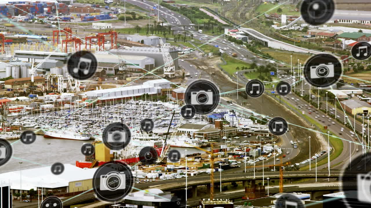 디지털 아이콘의 네트워크의 애니메이션 도시 교통의 공중 전망에 대하여