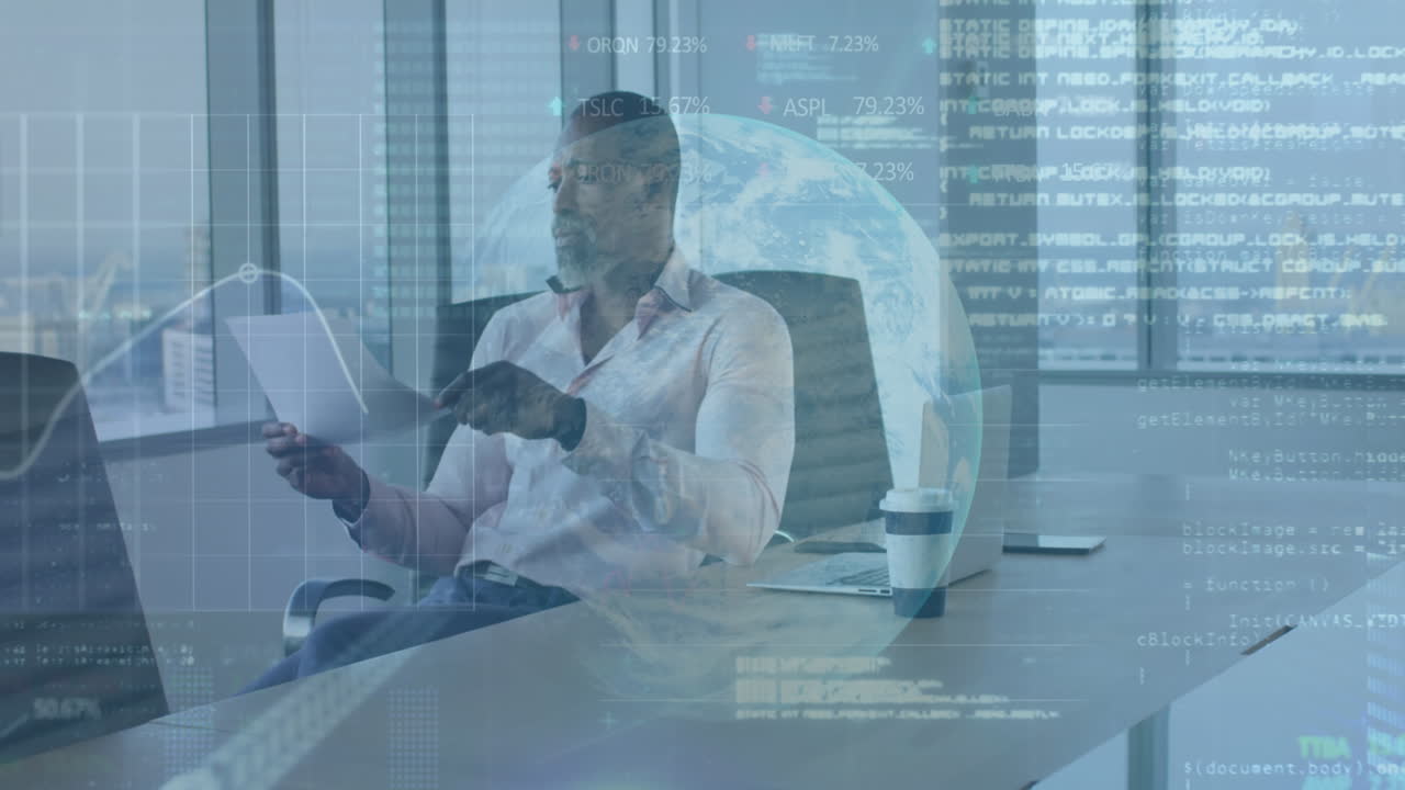 Animation of financial data processing over african american businessman holding document