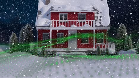 Animation-Von-Schnee,-Der-über-Ein-Schneebedecktes-Haus-In-Einer-Winterlandschaft-Fällt