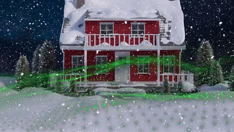 animation of snow falling over snow covered house in winter scenery
