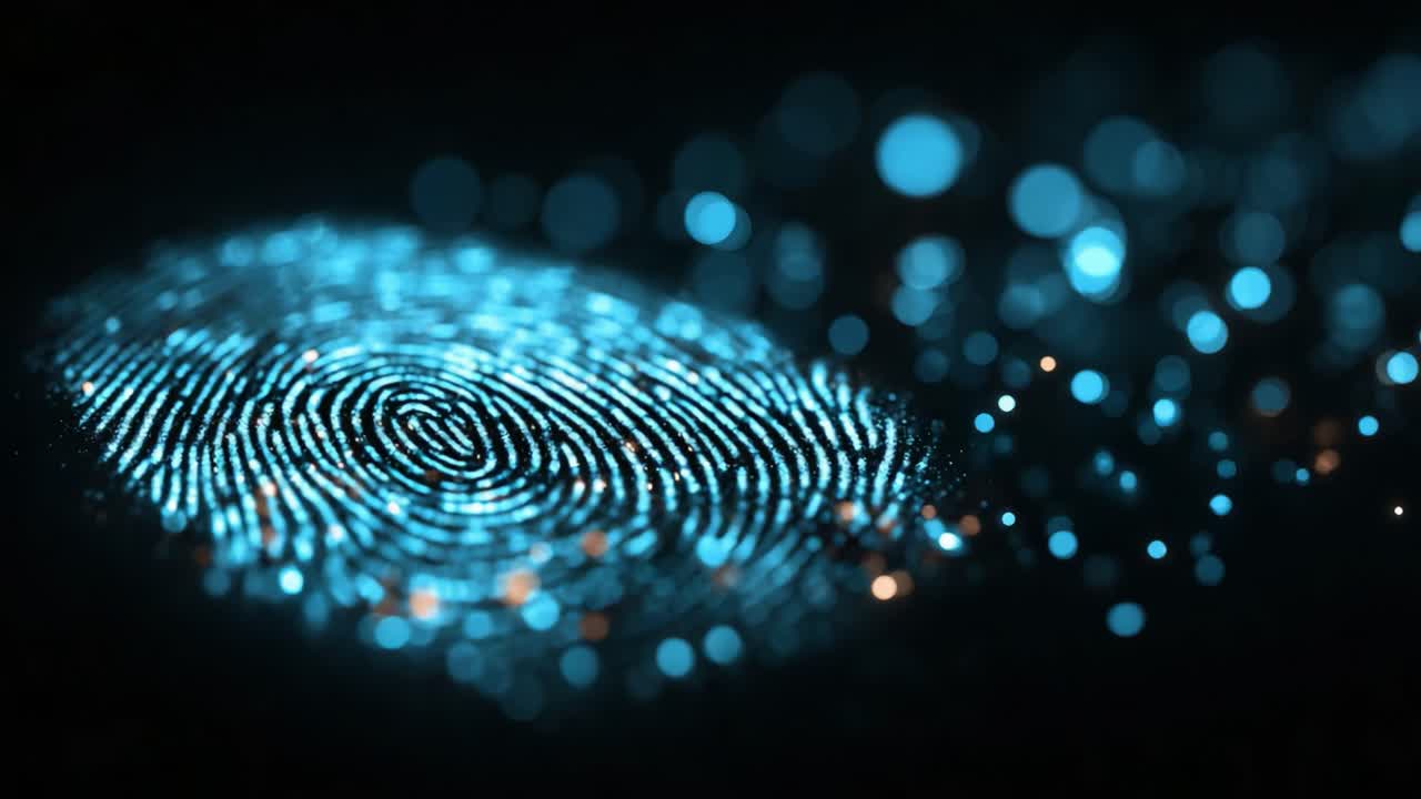 A Striking Visualization of a Glowing Fingerprint Against a Dark Background, Showcasing the Intricate Patterns and Vibrant Particles Speckled Around It