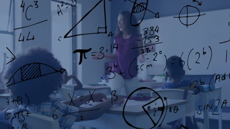 animación de ecuaciones de geometría y matemáticas sobre diversas maestras y escolares en clase