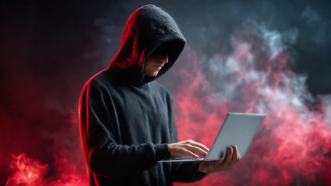 A Mysterious Figure in a Hooded Sweatshirt Working on a Laptop Amidst a Smoky Red and Blue Background, Symbolizing Digital Intrigue and Cyber Activity