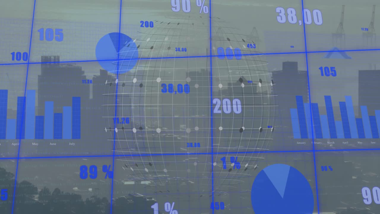 animación del procesamiento de datos financieros sobre el paisaje urbano