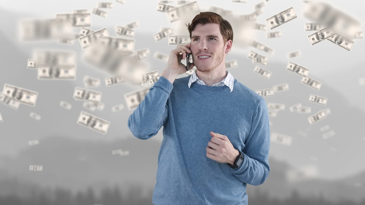 미국 달러가 떨어지는 애니메이션 걱정스러운 백인 사업가와 스마트 폰