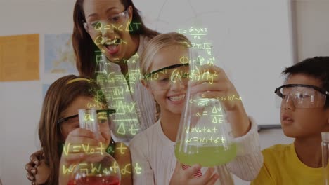 Animation-of-mathematical-equations-over-diverse-schoolchildren-with-teacher-in-lab