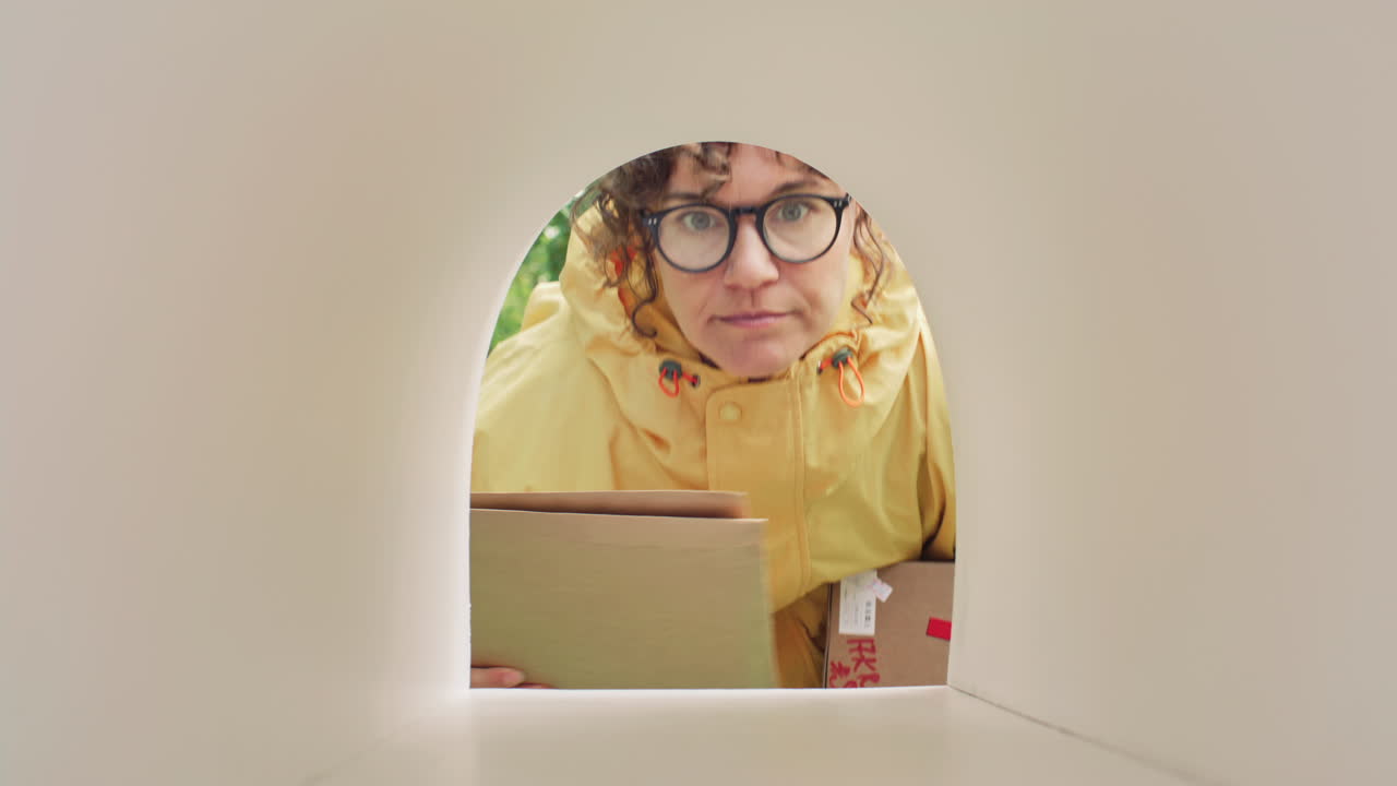 Woman Placing Envelopes and Package into Outdoor Mailbox
