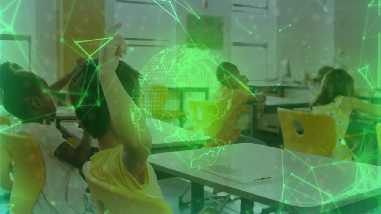 Vertical video: Hologram appearing, four pupils led by boy in yellow shirt raising arms at desks