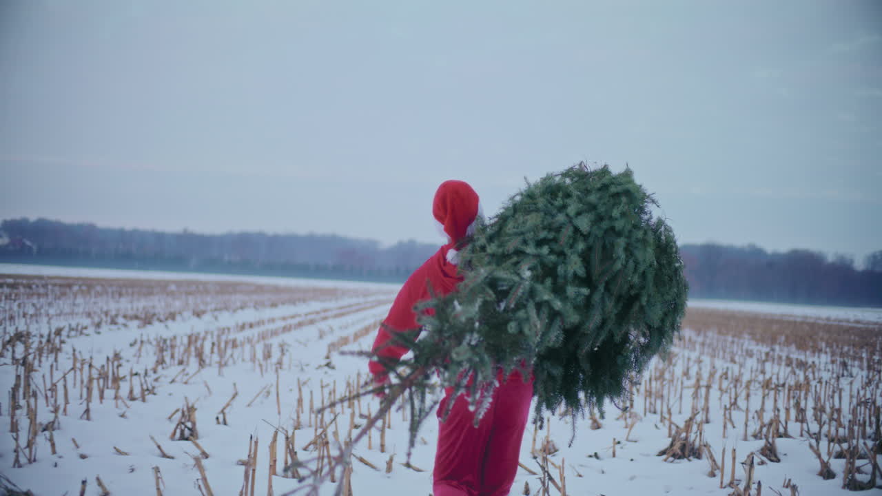 Mand med nissehue, der bærer juletræ på skulderen om vinteren