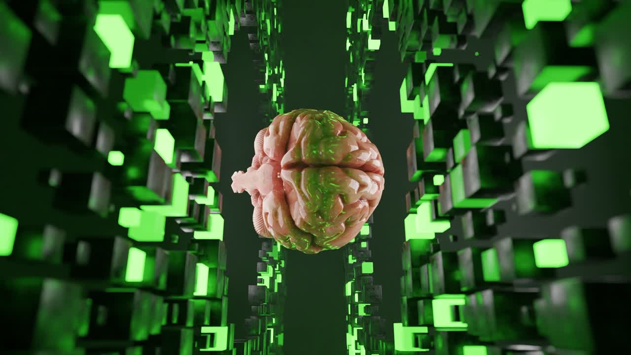 Human brain floating inside a tunnel of glowing green cubic structures. Futuristic 3D digital illustration. Artificial intelligence and virtual reality concept. Design, banner, wallpaper, vertical