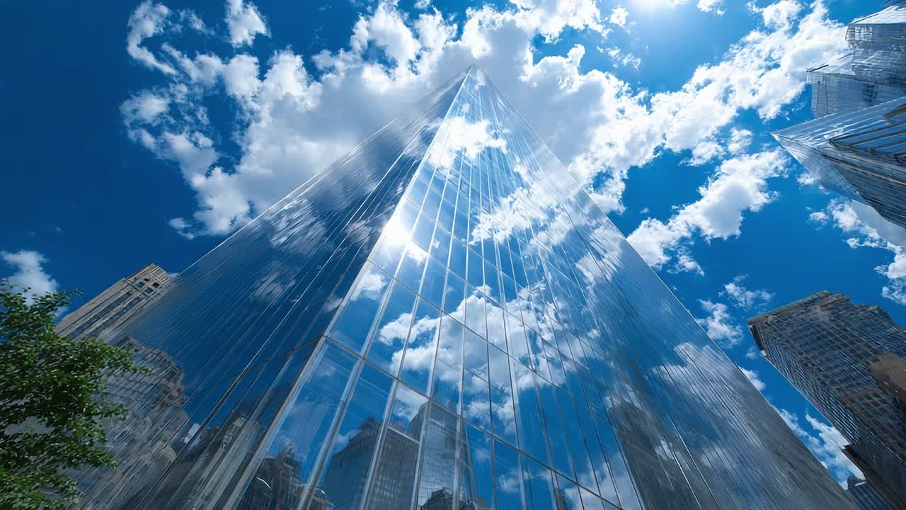 Arranha-céu refletindo nuvens e céu azul em uma paisagem urbana.