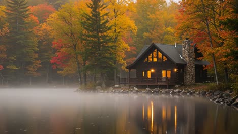 Serene Autumn Retreat: A Cozy Cabin Embraced by Vibrant Fall Foliage and Misty Reflections on a Tranquil Lake at Dawn