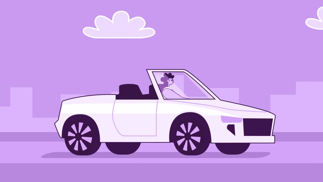 mujer de estilo púrpura personaje plano conduciendo un coche descapotable blanco. animación de bucle aislado con canal alfa