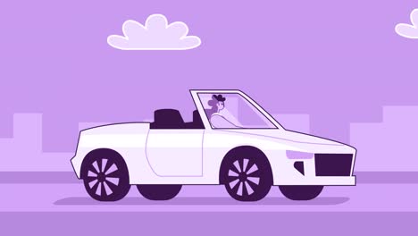 purple style woman flat character driving white convertible car. isolated loop animation with alpha channel