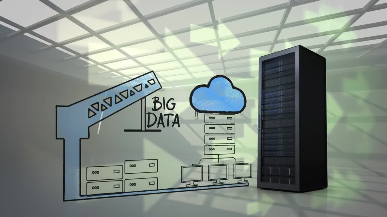 Server tower and an illustration of cloud storage