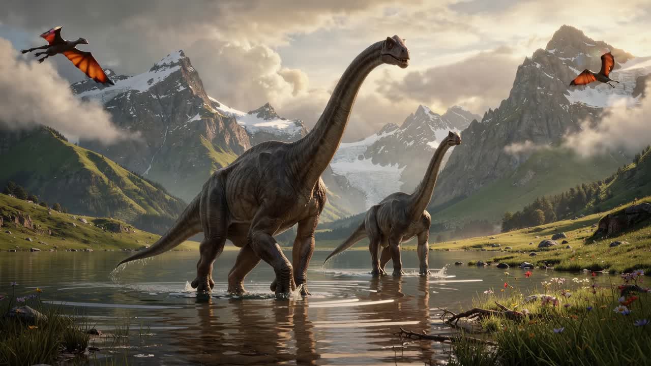 Dos dinosaurios braquiosaurios vadean un lago de montaña al atardecer mientras reptiles voladores se elevan sobre un dramático paisaje alpino.