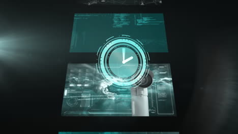 Animation of clock moving fast and screens with data processing