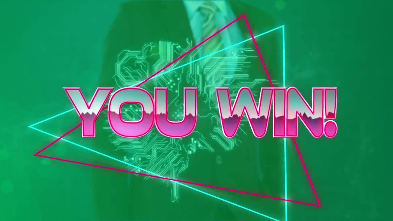 Animation of pink metallic text you win, with neon lines, over businessman using interface