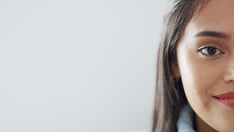 half face, smile and portrait of young woman