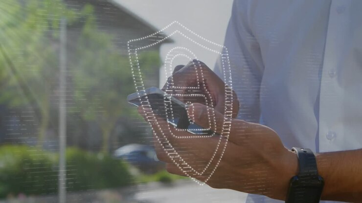 Animation of padlock in shield over midsection of caucasian man scrolling on smartphone