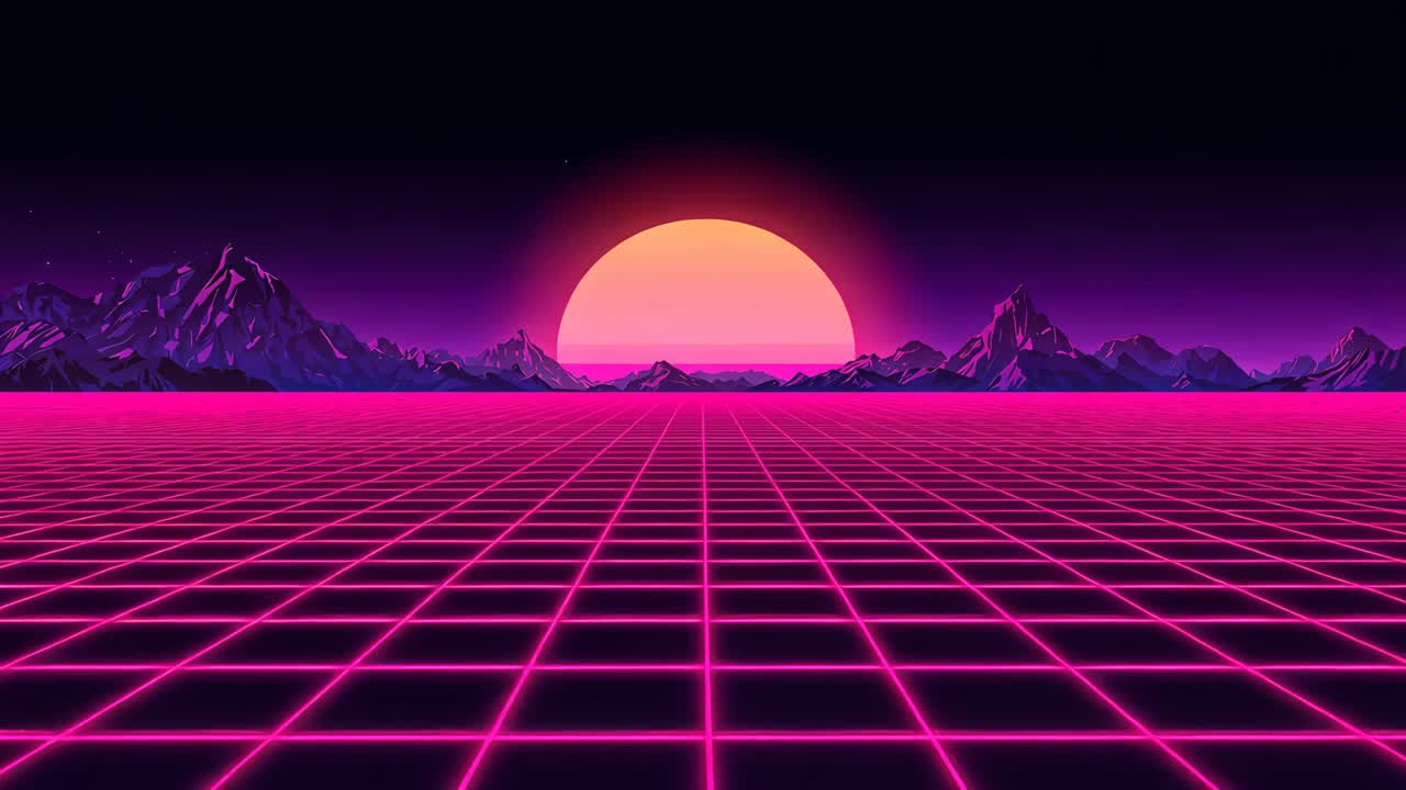 Looping neon sun and magenta grid plane pulsing, shimmering across synthwave plain with halo, stars