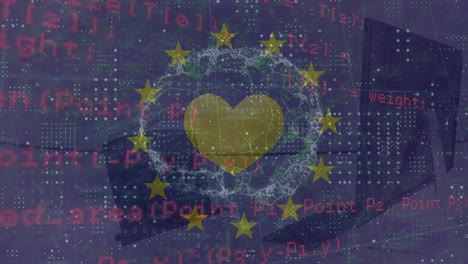 animation of data processing over globe, heart, european union flag and computer in office