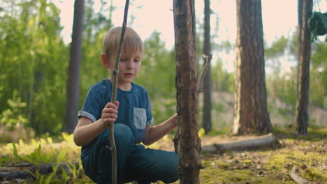 Niño-En-El-Bosque-Recoge-Leña.-Recogiendo-Leña-Seca-En-El-Bosque-De-Verano-En-El-Camping.-Matorrales-Para-Fogatas-En-La-Caminata-De-Verano.