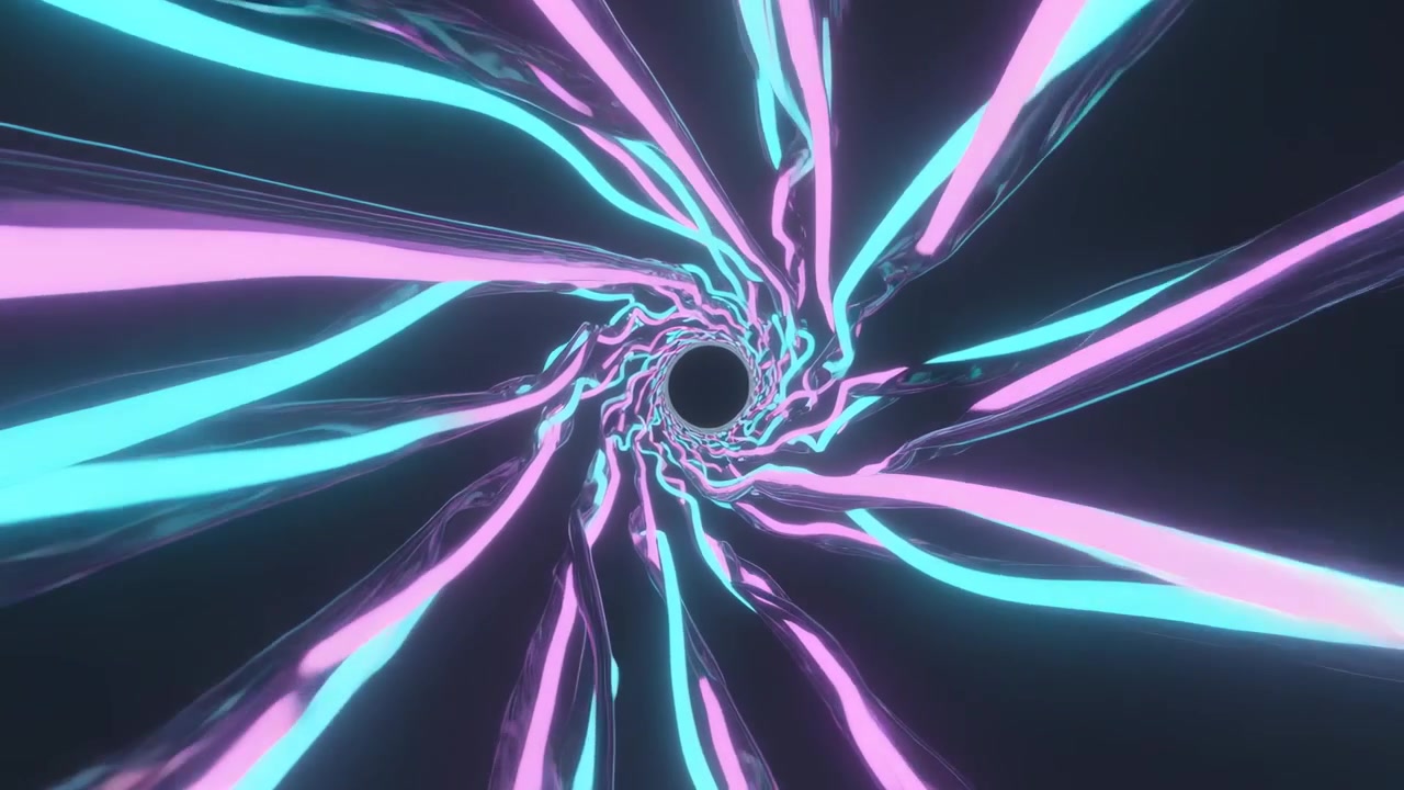 Avvio della riproduzione, una spirale a nastro ciano-magenta che ruota e si avvolge verso l'interno in un tunnel CGI, con lucentezza e un vuoto nero.