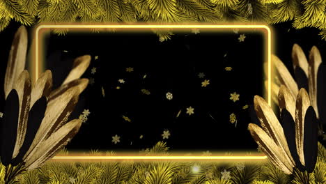 Golden feathers and pine branches with falling snowflakes on black background