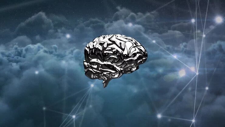 Animation of brain rotating over connections and cloudy sky