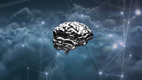 animation of brain rotating over connections and cloudy sky