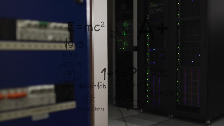 Animation of mathematical equations floating against computer server room