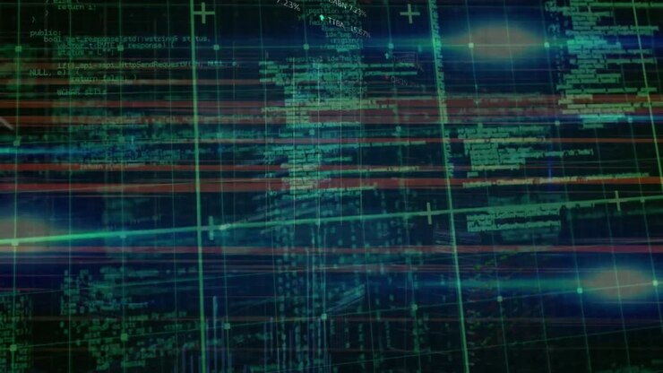 Animation of data processing over dark background