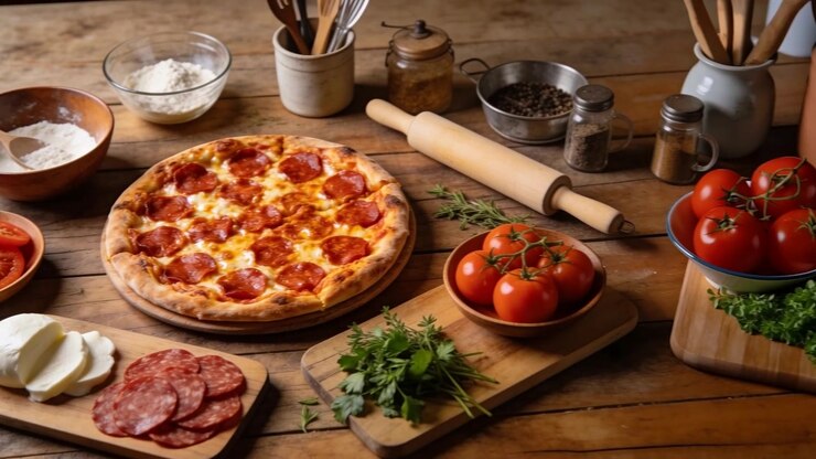 Una telecamera in movimento rivela una pizza rotonda al salame piccante su una superficie di lavoro in legno, mettendo in mostra pomodori ed erbe aromatiche.