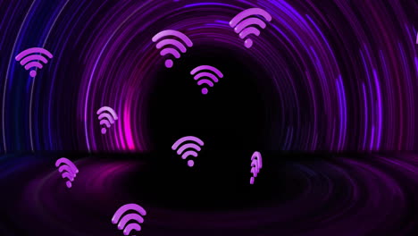 animación de iconos wifi y senderos de luz de neón en fondo negro