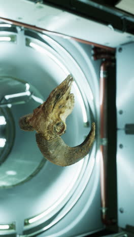 a ram skull hanging in a futuristic space station