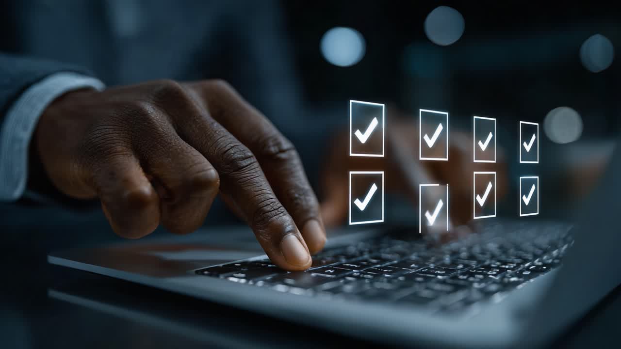 A Confident Hand Overseeing Digital Tasks on Laptop, Marking Completions with Checkmarks on a Workflow Display in an Office Setting