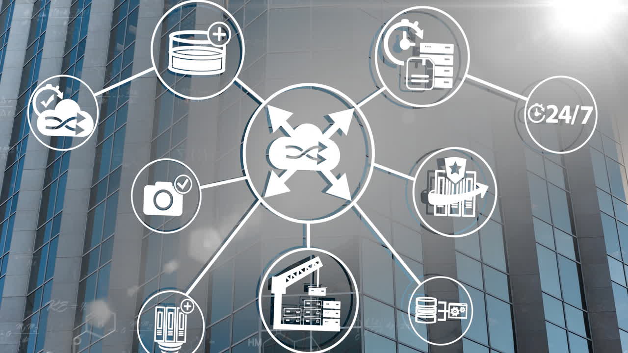 Animation of network of connections and mathematical equations over office building