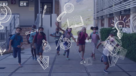 animación de iconos de artículos escolares sobre escolares corriendo con máscaras faciales