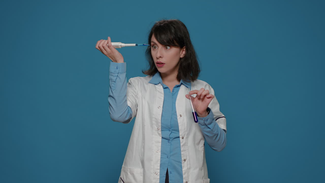 Chemistry researcher dripping substance in test tube with micro pipette