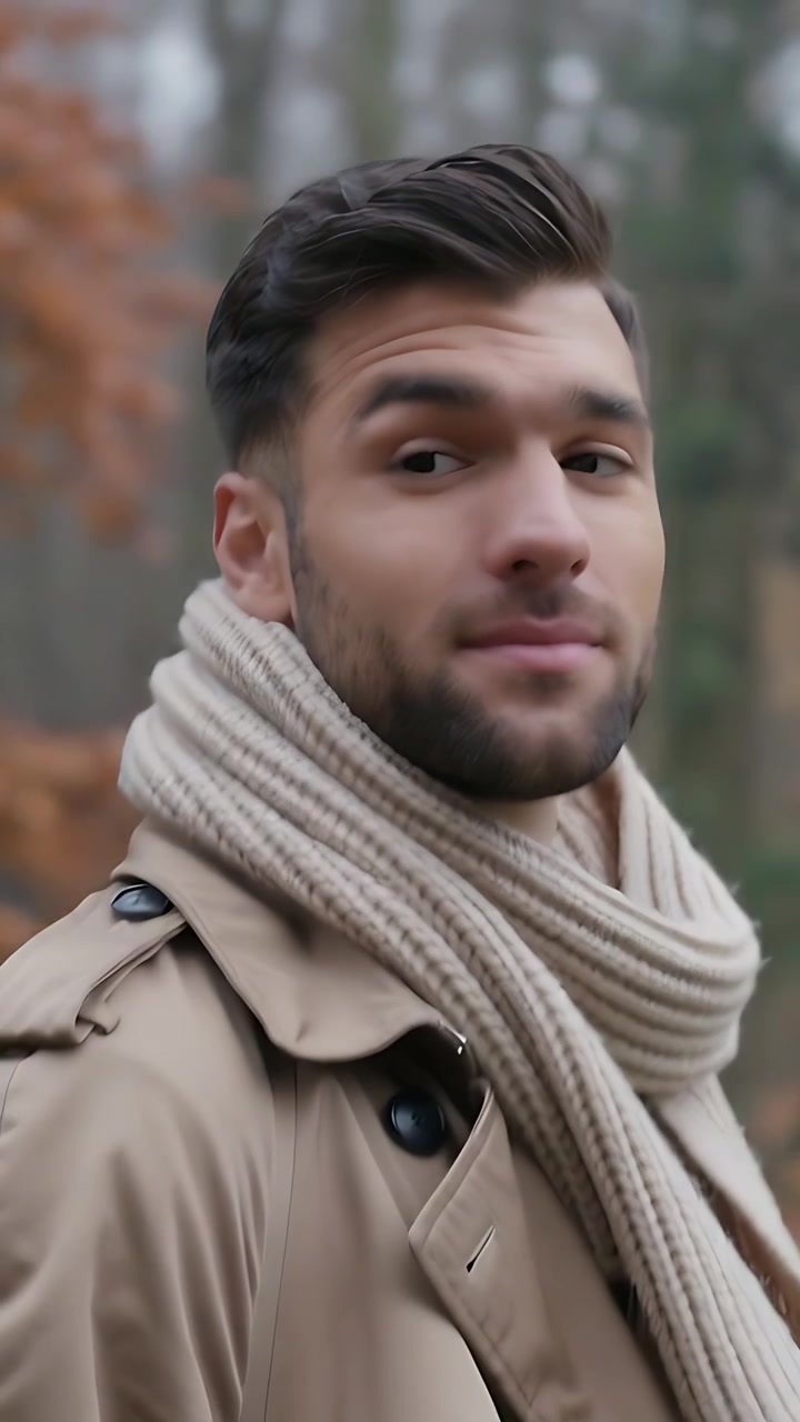 Vertikal video: Mann snur seg og flytter blikket mot kamera i parken, iført trenchcoat og skjerf.