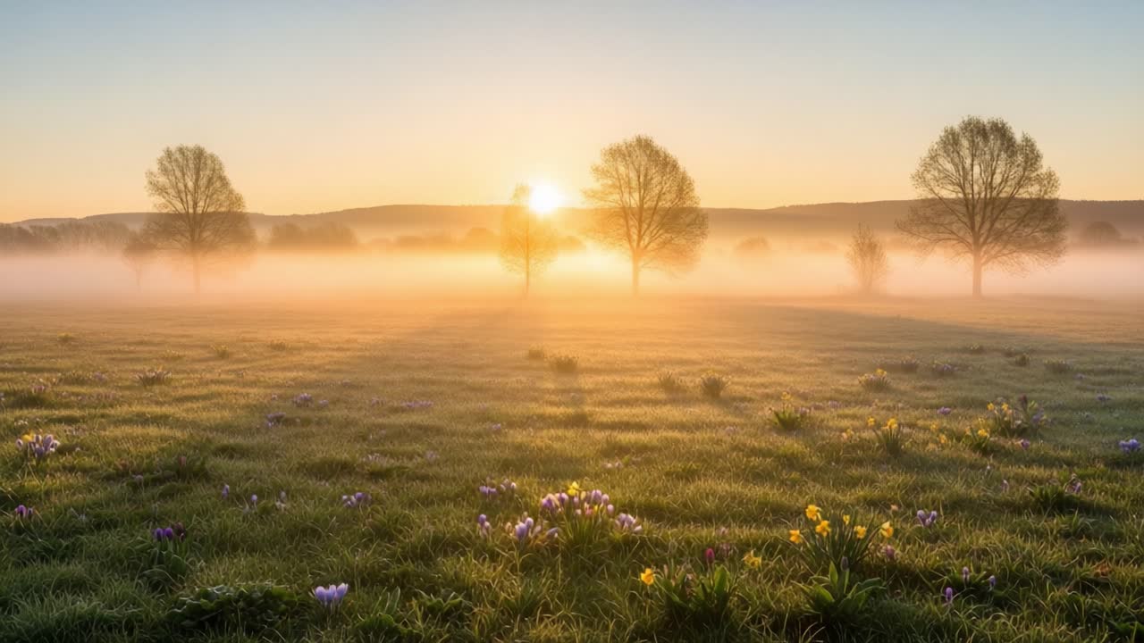 A Captivating Sunrise Over a Misty Meadow Filled with Colorful Wildflowers and Silhouetted Trees, Capturing the Essence of Tranquil Nature in Early Morning Light