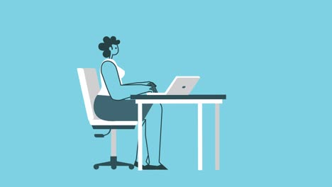 diseño plano gráfico gracioso mujer audaz personaje de dibujos animados trabajo desde el ordenador portátil lugar de trabajo bucle aislado animación 2d