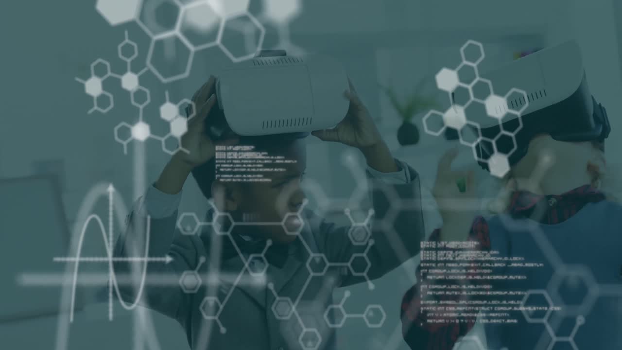 Animation of chemical compounds and medical data processing over kids wearing vr headsets