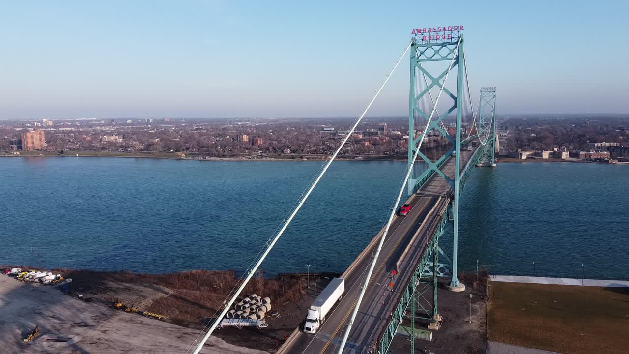 Ambassador Bridge Across The Detroit River in Detroit Michigan, Over Looking The City Of Windsor,  Canada.-wide shot