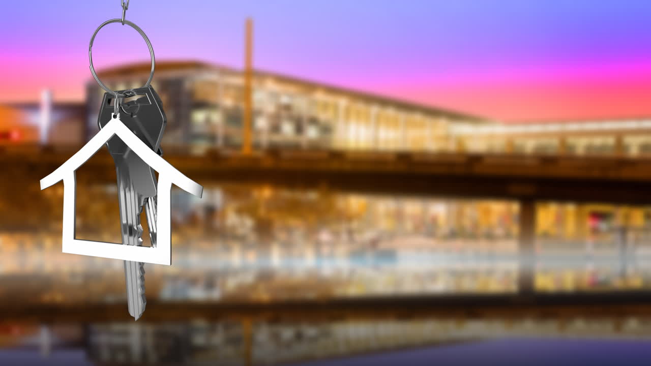 Animation af husmodel og nøgle over en defokuseret, oplyst bygning, der spejler sig i floden ved skumringstid.