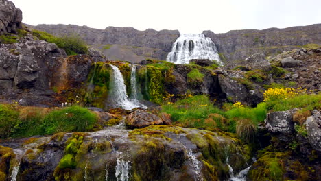 Hermosa-Y-Pacífica-Cascada-Dynjandi-En-Los-Fiordos-Del-Oeste-De-Islandia,-Base,-Ancha,-Más-Cercana,-Con-Follaje-Y-Flores,-4k-Prorezhq