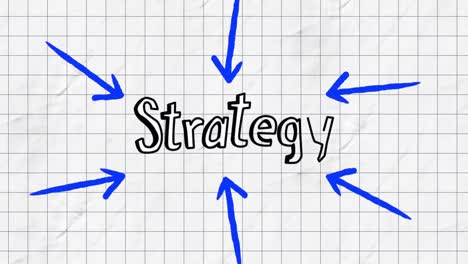 Animation-of-blue-arrows-pointing-to-strategy-text-on-squared-paper