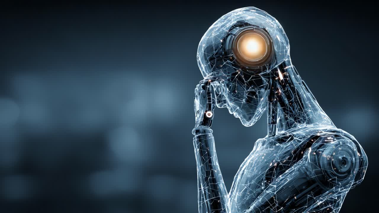 Essere cibernetico emotivamente intelligente che elabora pensieri atemporali, offuscando il confine tra tecnologia e umanità in un ambiente futuristico.